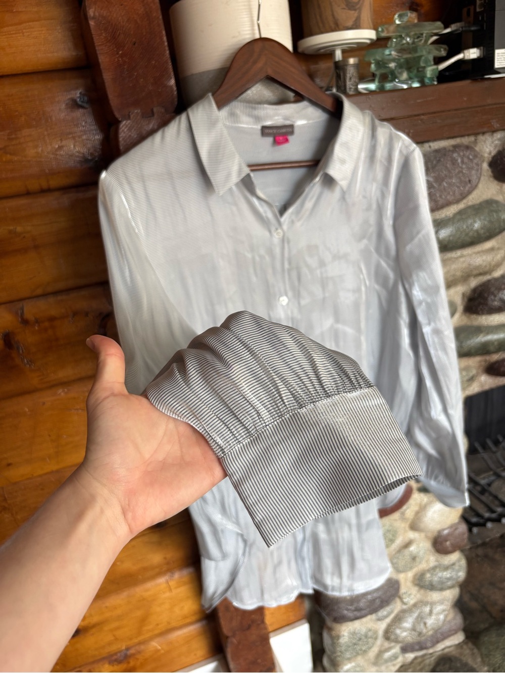 Quiet Luxury Satin/Sheen Look Stripe Button Up Blouse L